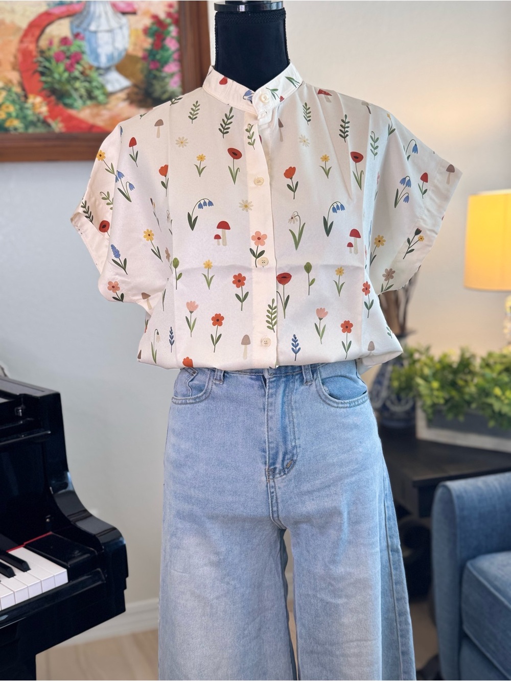 Floral Print Button-Front Top - Picture 9 of 13